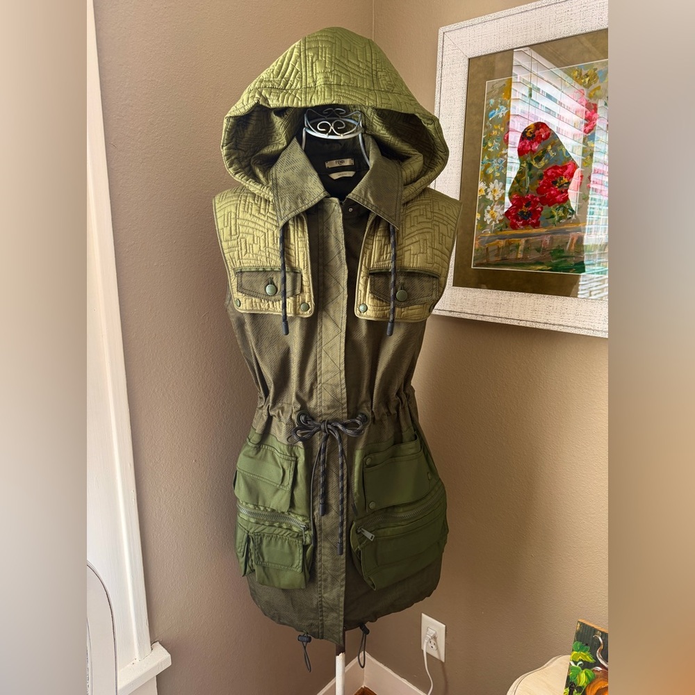 Fendi x Sarah Coleman Olive Green Fisheye logo denim utility dress. Size 38